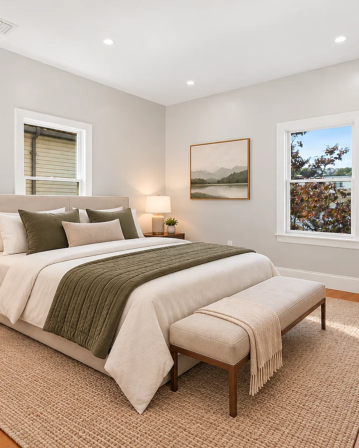 After: the reconfigured primary bedroom, virtually staged