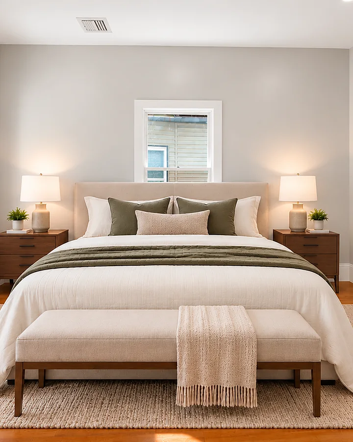 After: the primary bedroom, virtually staged