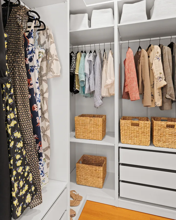 After: hanging rail and open shelves in the walk-in closet