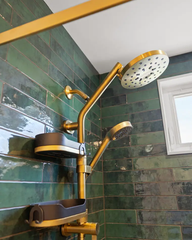 Brass shower in green tile, Dorchester